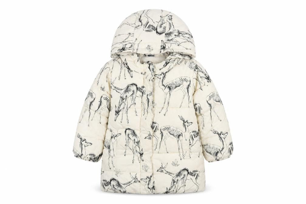 Front view of Baby Gap girls’ ivory animal print puffer jacket, size 3