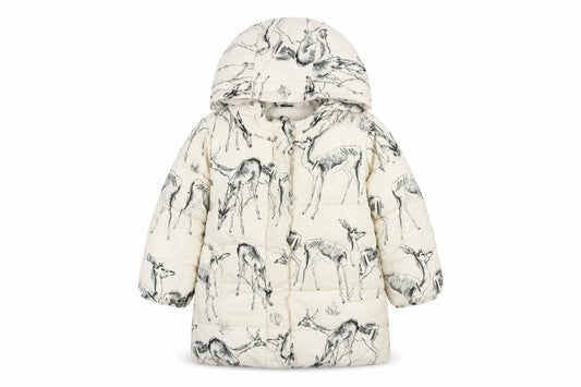 Front view of Baby Gap girls’ ivory animal print puffer jacket, size 3