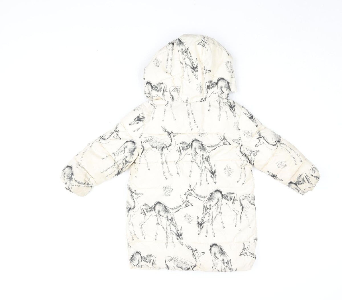 Back view of Baby Gap girls’ ivory animal print puffer jacket, size 3