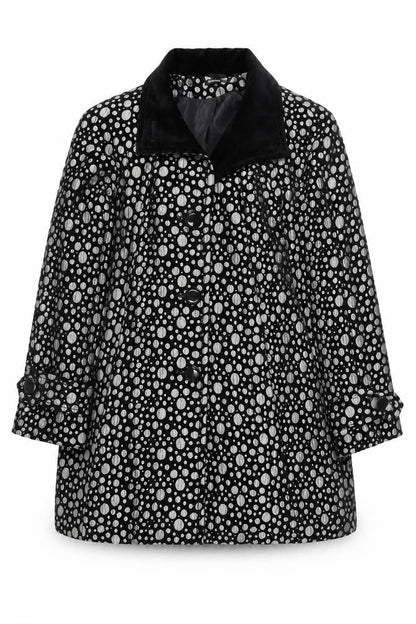 Front view of Roman Women's Black Polka Dot Mid-Length Coat