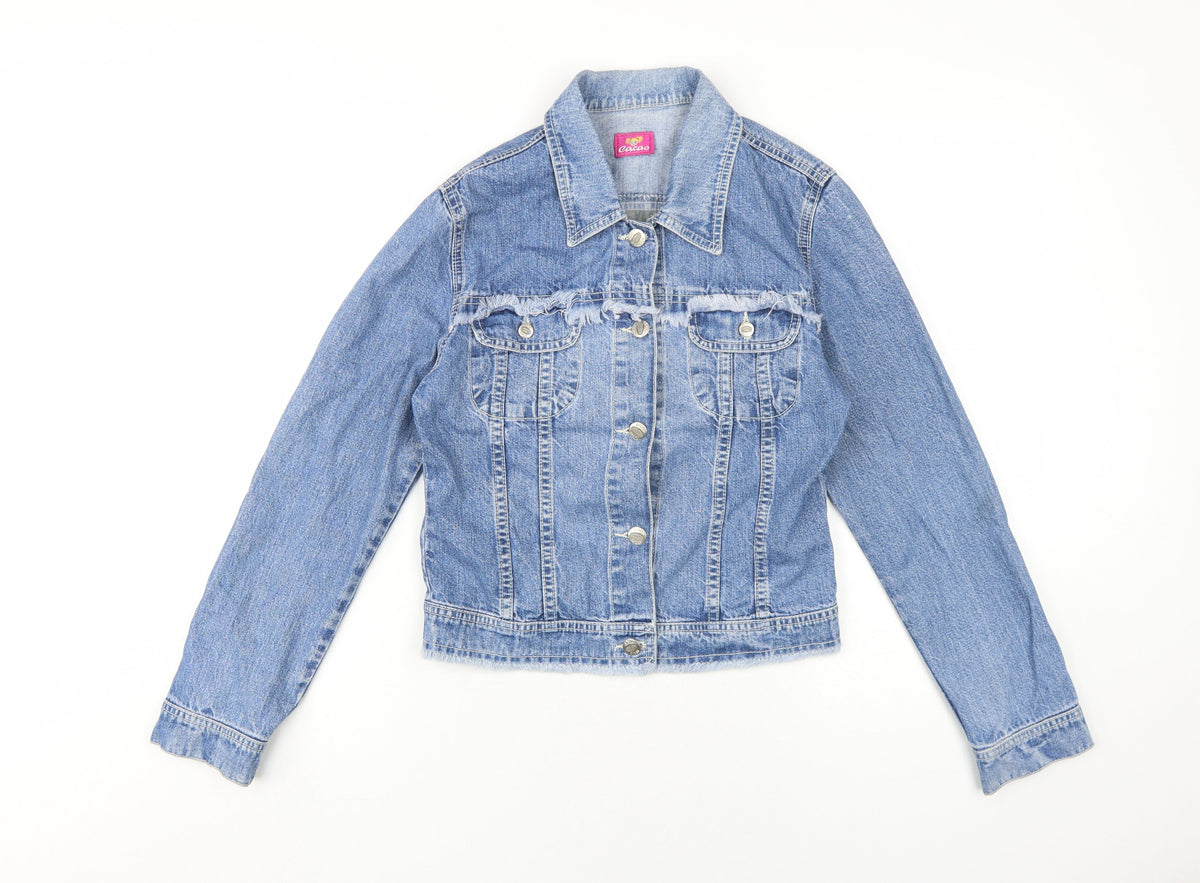 Additional front view of Cacao girls’ blue denim jacket, size 16, embroidered fringed