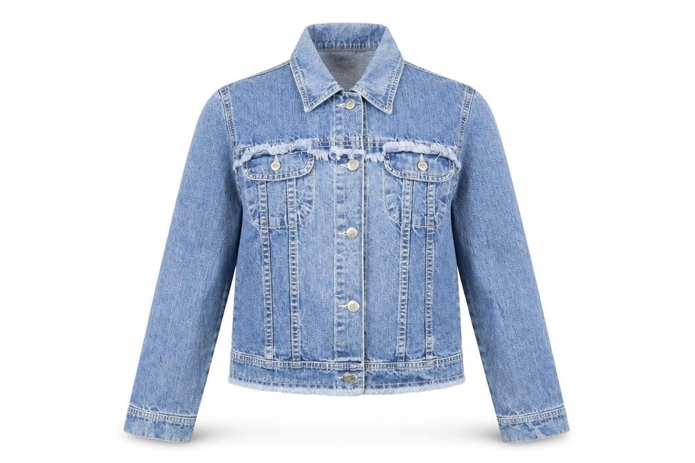 Front view of Cacao girls’ blue denim jacket, size 16, embroidered fringed