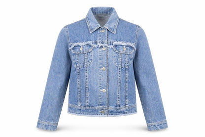Front view of Cacao girls’ blue denim jacket, size 16, embroidered fringed
