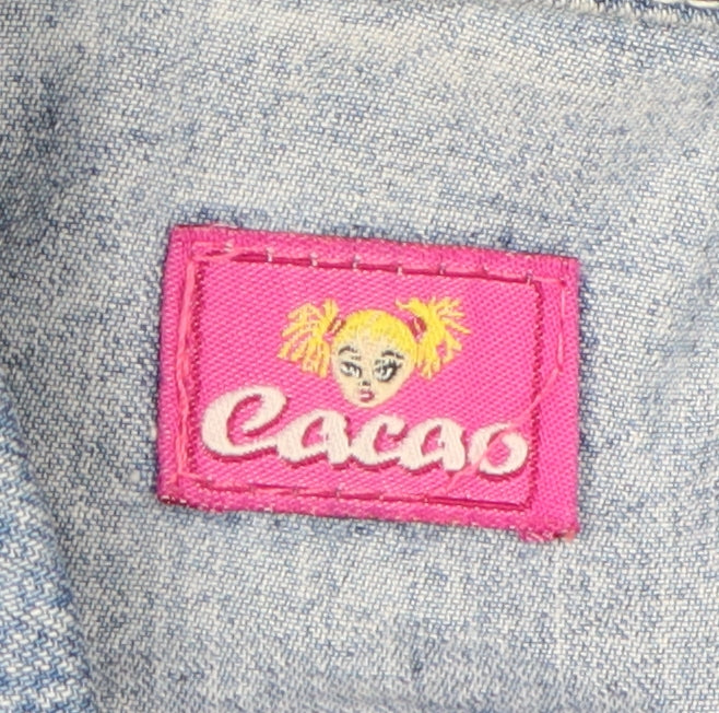 Close-up detail of Cacao girls’ blue denim jacket, size 16, embroidered fringed