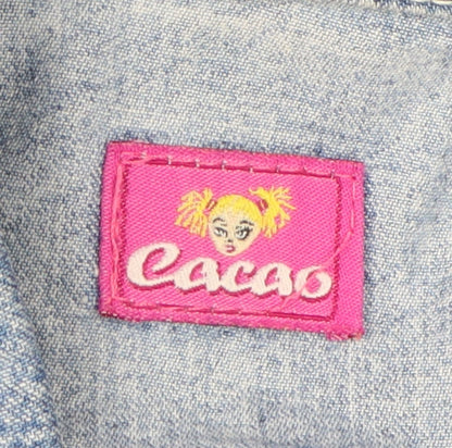 Close-up detail of Cacao girls’ blue denim jacket, size 16, embroidered fringed