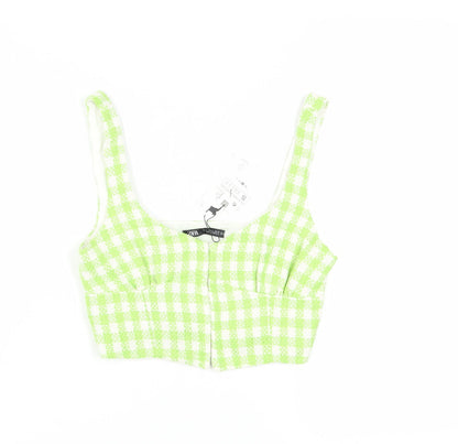 Zara Women's Green Check Blouse Cropped Top Size 8