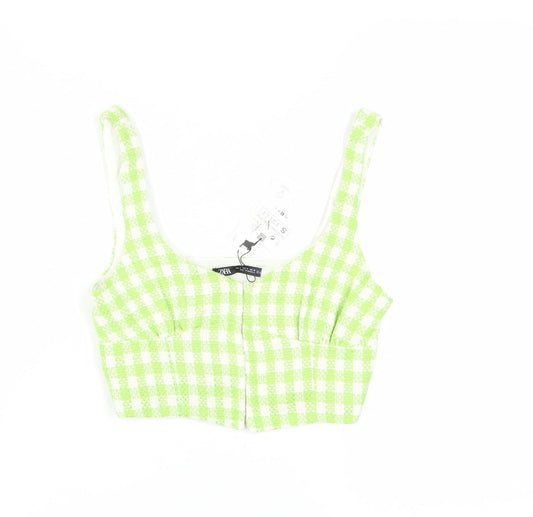 ZARA Women's Green Check Blouse Cropped Top Size 8