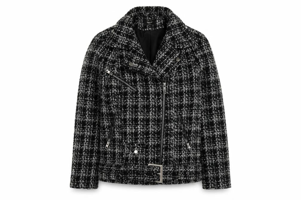 ONLY Women's Black Check Biker Jacket - M, Lined, Zip Closure