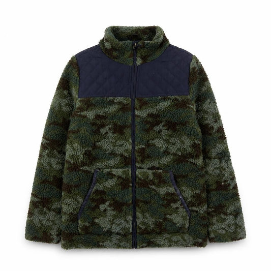 Front view of FatFace boys’ green camouflage puffer jacket 12-13 years