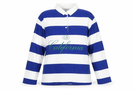 Zara Women's Blue Striped Cotton Polo Shirt L