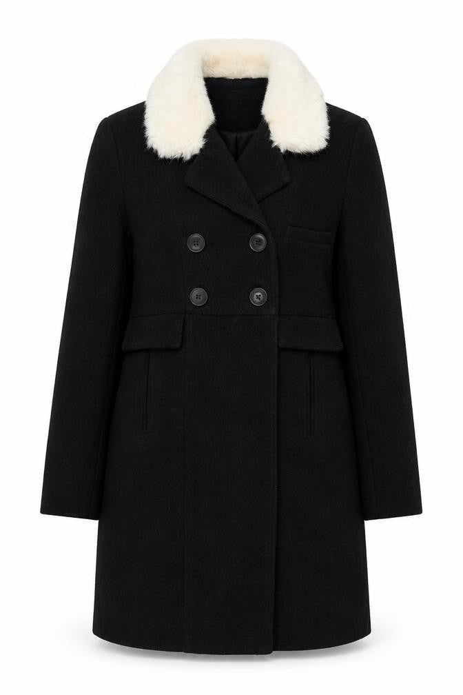 Cooperative Women's Black Wool Blend Pea Coat with Fur Trim Size M