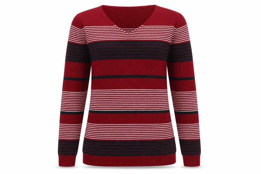 Isle Women's Red Striped Pullover Jumper M V-Neck Knit