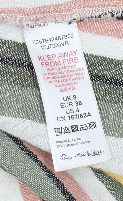 Brand and care label for Miss Selfridge Women's Striped Camisole Blouse, size 8