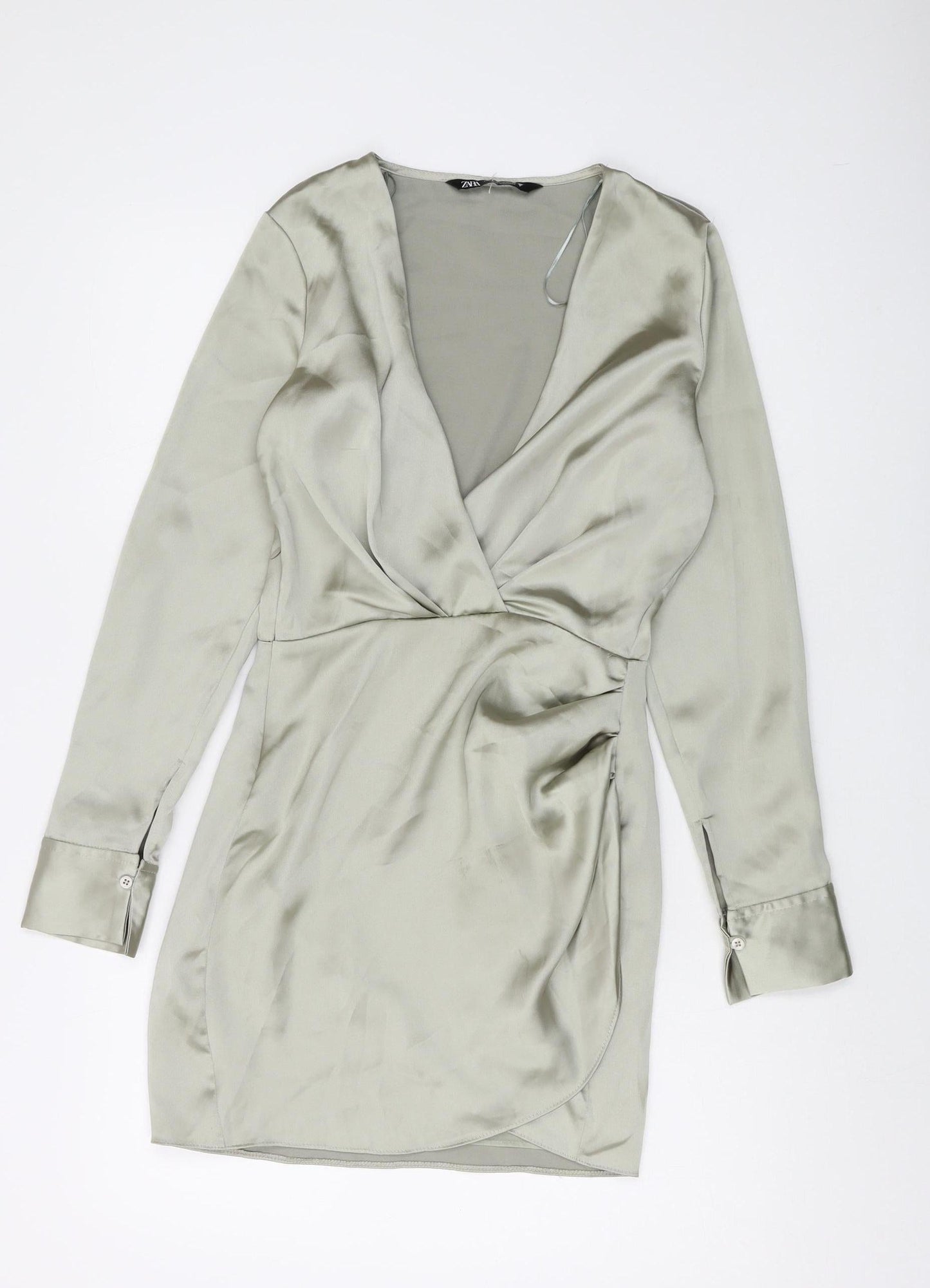 Zara Women's Grey Satin Wrap Mini Dress XS