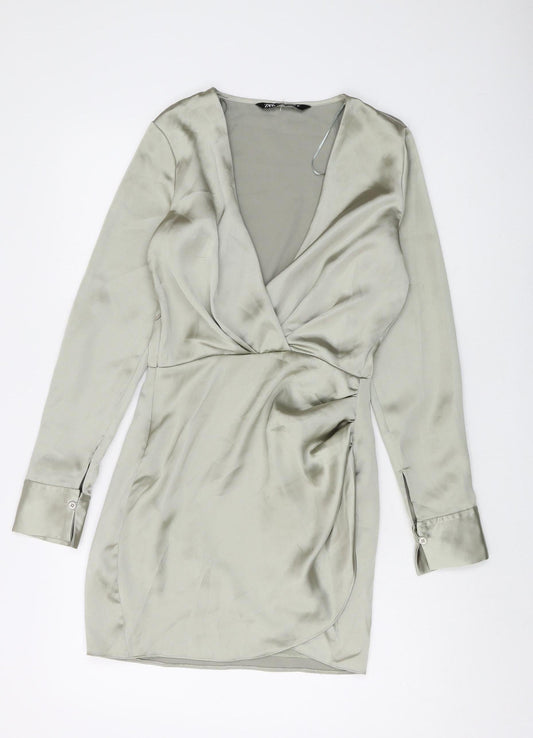Zara Women's Grey Satin Wrap Mini Dress XS