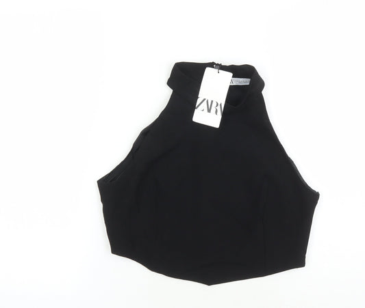 Zara Women's Black Cropped Blouse Sleeveless High Neck Size M