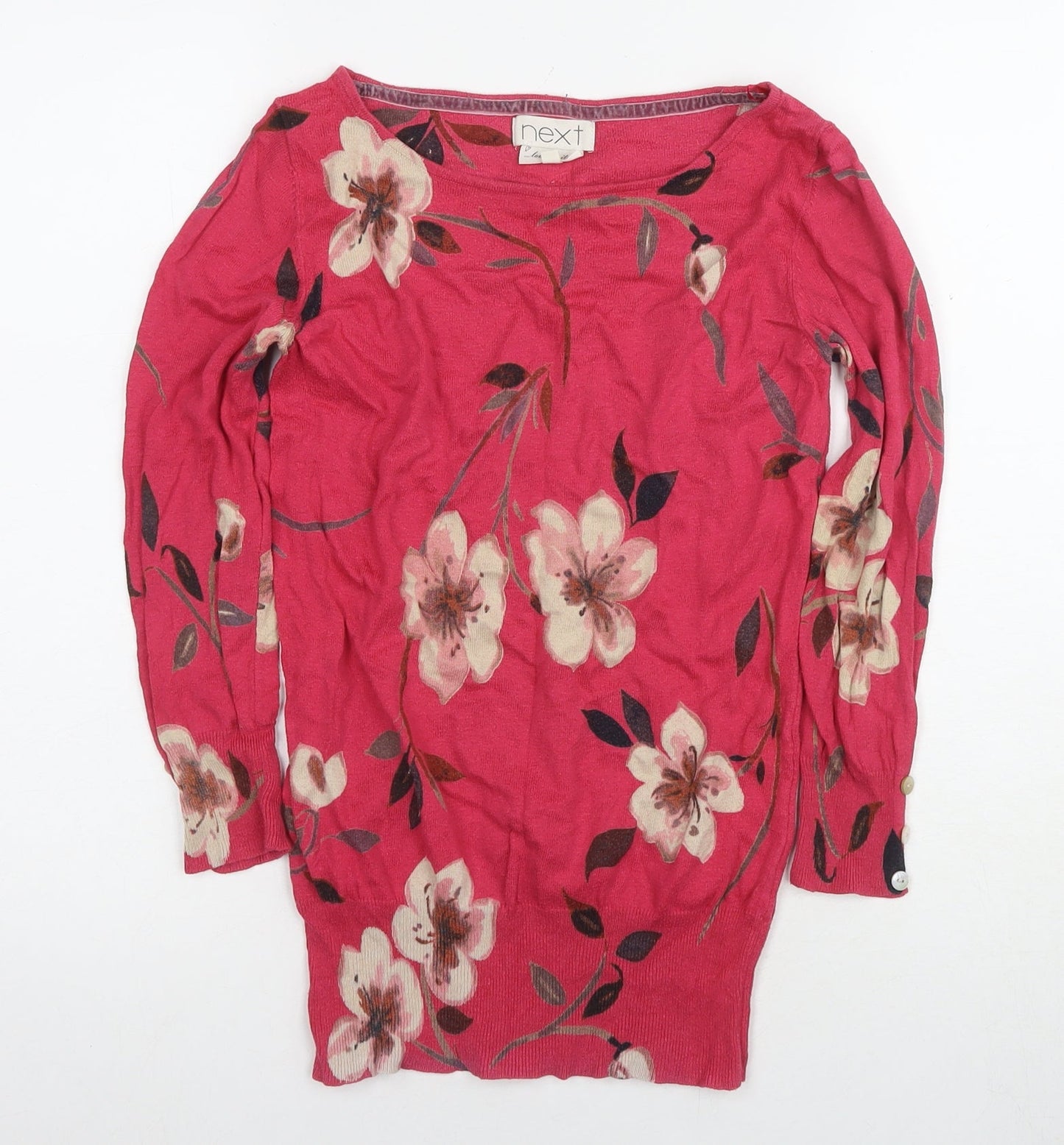 Next Women's Pink Floral Blouse Size 8 Long Sleeve Boat Neck