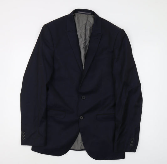 Next Men's Blue Wool Blazer 38L Long Single-Breasted