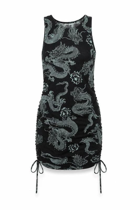 Motel Rocks Women's Black Dragon Print Bodycon Dress XS