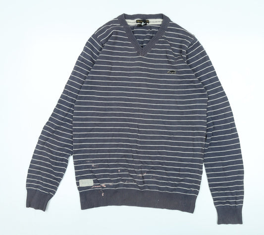 Vintage Ethnic Men's Blue XL Striped Pullover Jumper