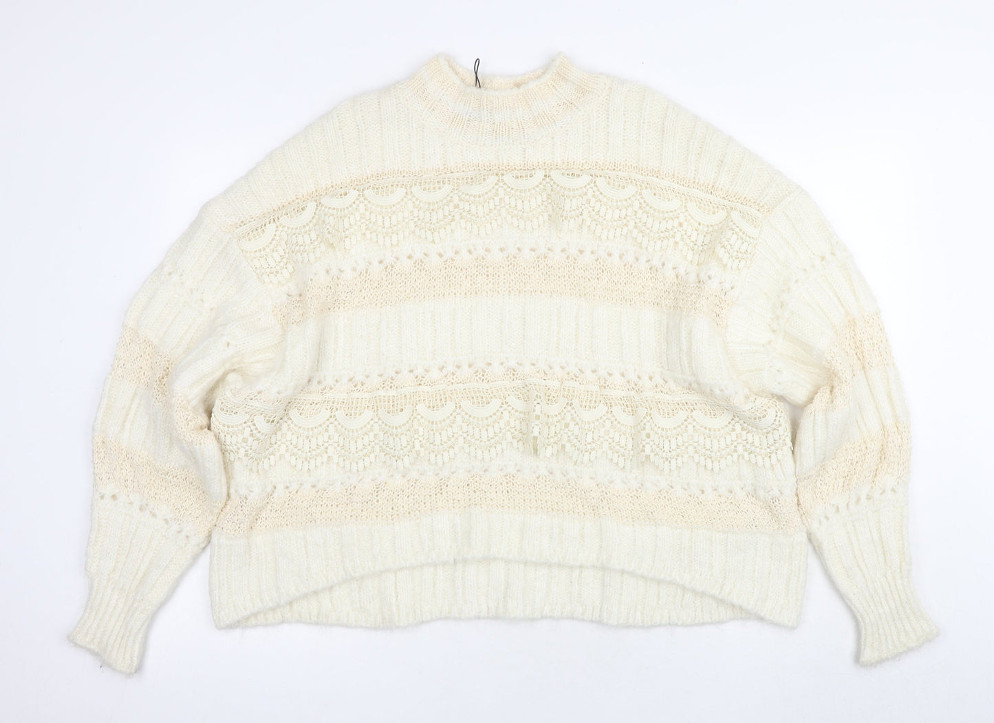 Zara Women's Ivory Mock Neck Chunky Knit Jumper M