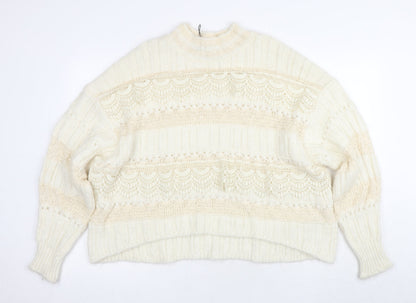 Zara Women's Ivory Mock Neck Chunky Knit Jumper M