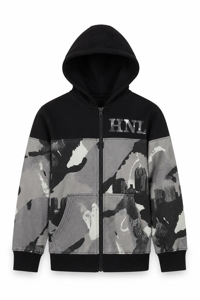 HNL Projection Boys Black Full Zip Camouflage Hoodie Size 9