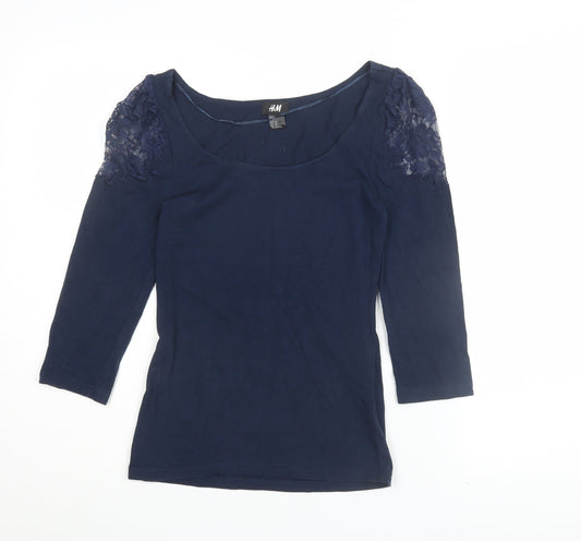 H&M Women's Blue Lace Accent Scoop Neck Blouse XS