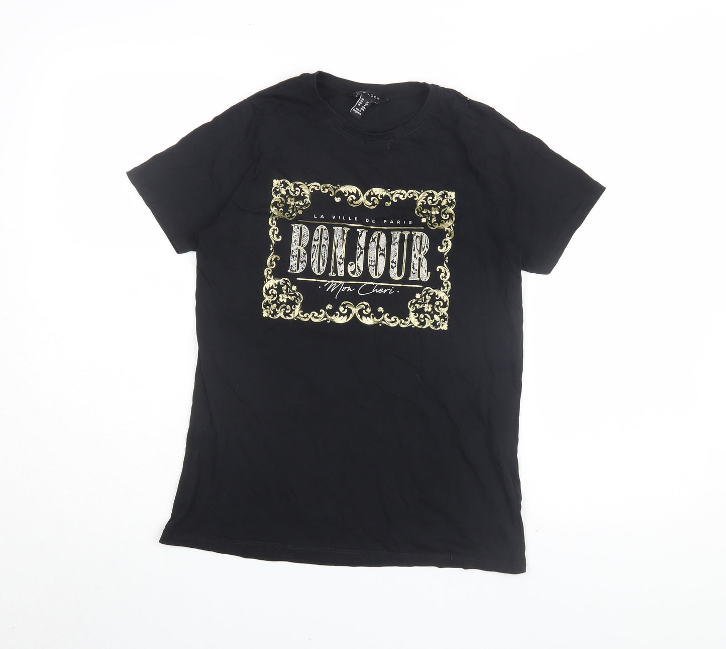 New Look Women's Black T-Shirt UK 10 French Graphic Casual