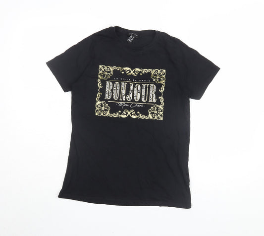 New Look Women's Black T-Shirt UK 10 French Graphic Casual