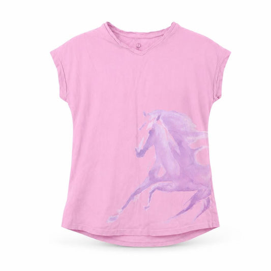 Front view of Lands' End girls’ pink graphic t-shirt, summer casual wear