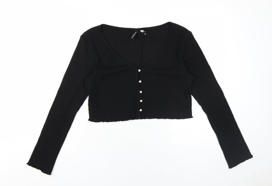 H&M Women's Black Cropped Blouse, M, V-Neck, Button Accents
