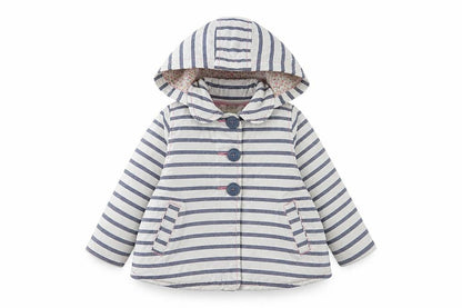 Front view of Next girls’ blue striped hooded jacket, 2 years, lined