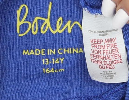 Close-up detail of Boden girls’ blue cotton pullover sweatshirt, long sleeve, size 14