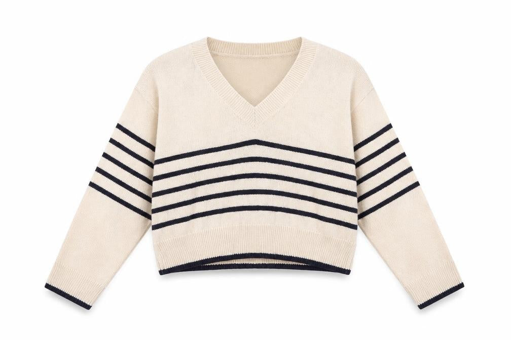 H&M Women's Beige V-Neck Striped Jumper - Size S