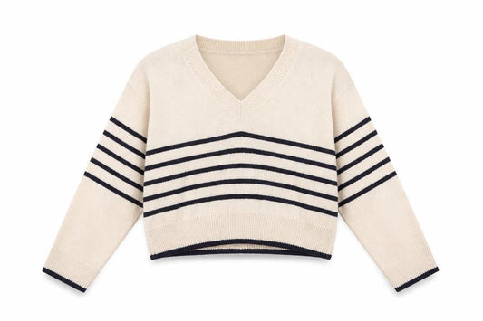 H&M Women's Beige V-Neck Striped Jumper - Size S