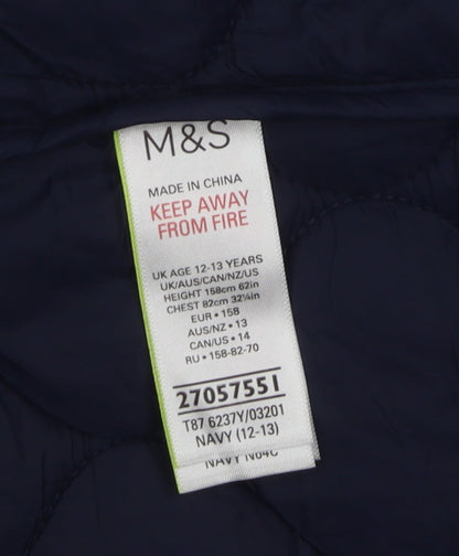 Close-up detail of Marks & Spencer girls’ blue puffer jacket 12-13 years