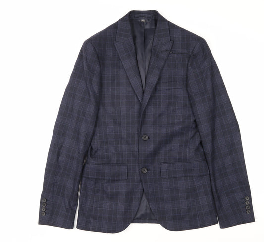 Marks and Spencer Men's Blue Plaid Slim Blazer 34R