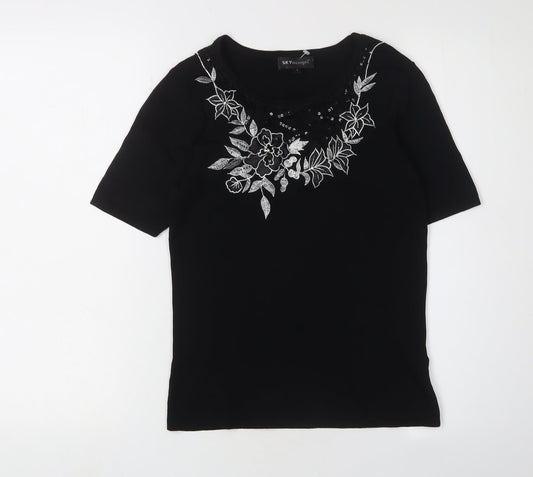 SKY Women's Black Embroidered XS Basic T-Shirt
