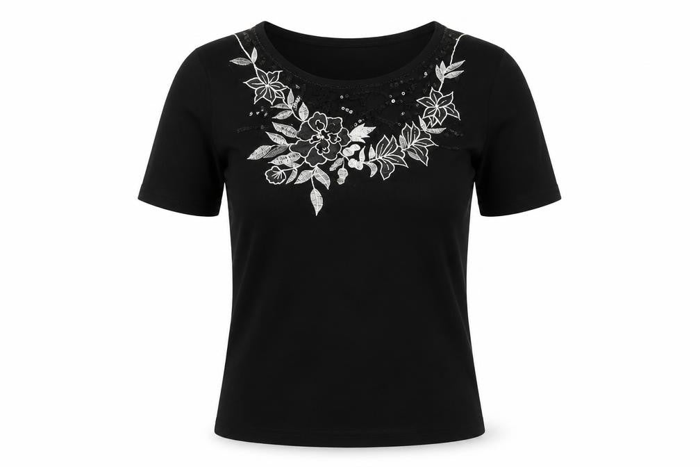 SKY Women's Black Embroidered XS Basic T-Shirt