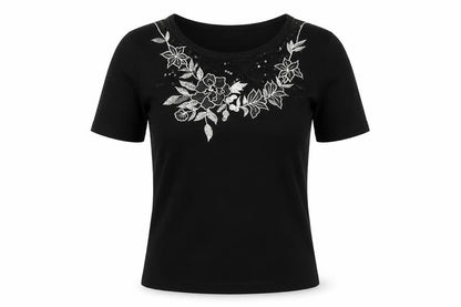 SKY Women's Black Embroidered XS Basic T-Shirt