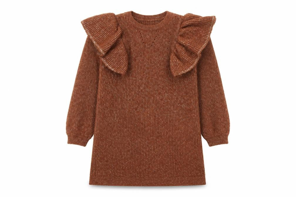 H&M Girls Brown Knit Dress with Puff Sleeves