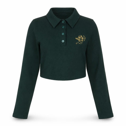 Front view of Motel Rocks Green Collared Cropped Polo - M