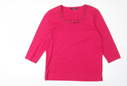 TIGI Women's Pink Beaded 3/4 Sleeve T-Shirt