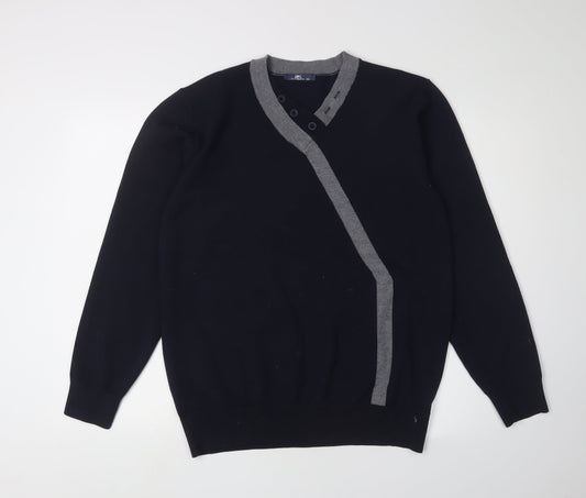 JK Men's Black 4XL Henley Jumper with Button Accents
