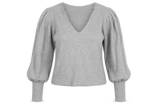 Front view of ASOS Women's Grey V-Neck Balloon Sleeve jumper
