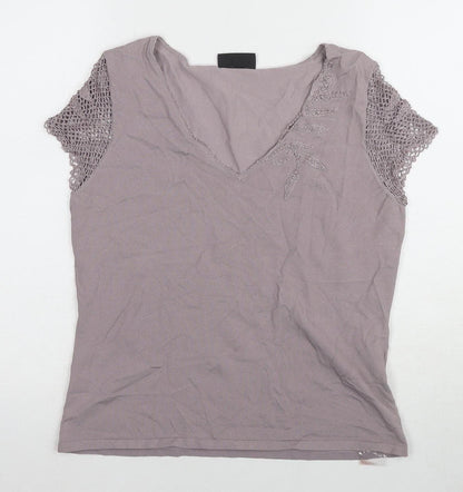 Additional front view of Principles Women's Grey V-Neck Crochet Blouse, size 16