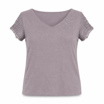 Front view of Principles Women's Grey V-Neck Crochet Blouse, size 16