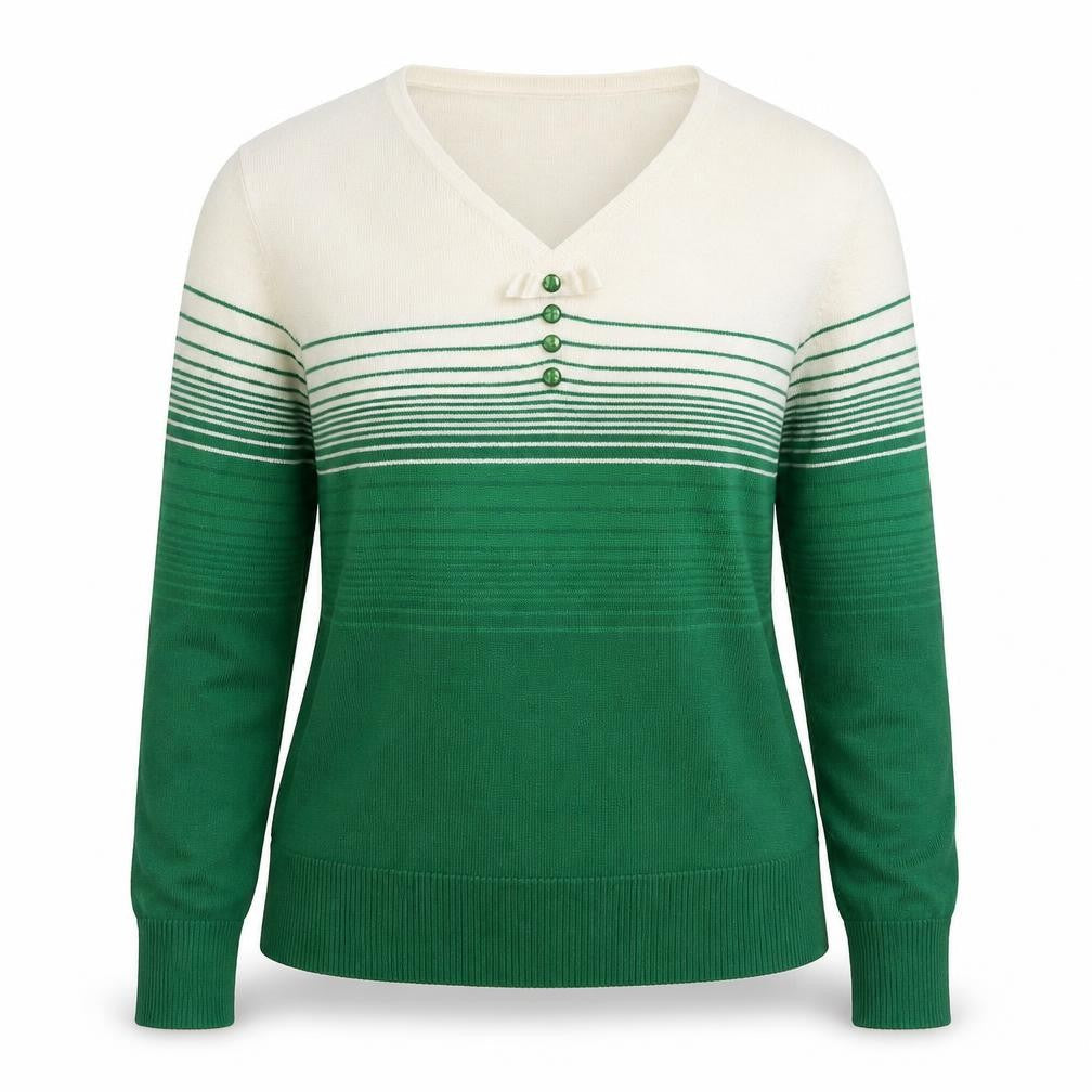 HIJKLM Women's V-Neck Green Striped Pullover Jumper, Size M
