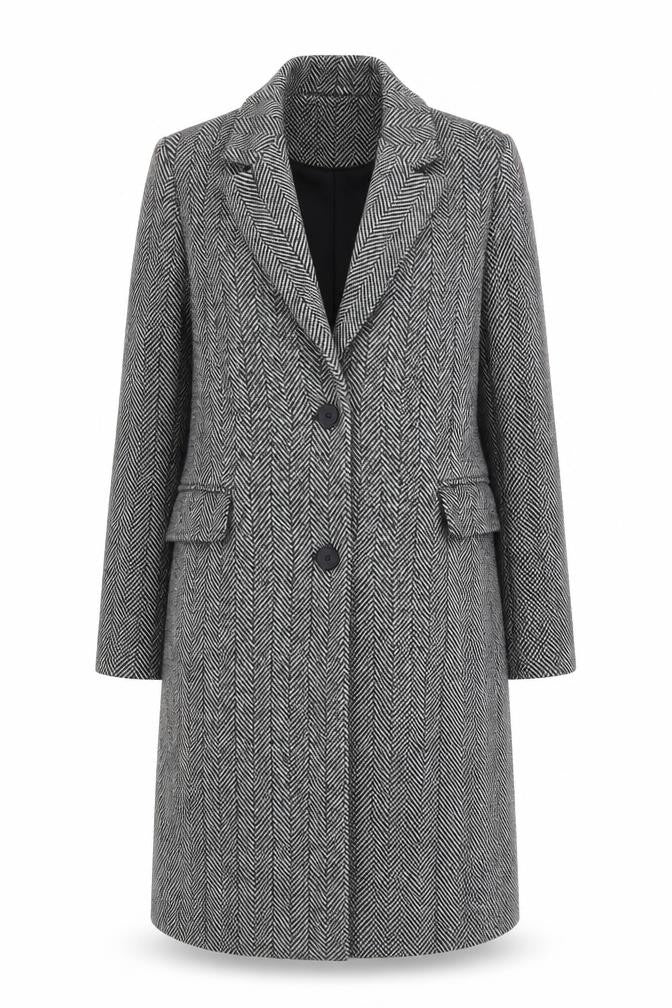 Bershka Women's Grey Herringbone Mid-Length Overcoat